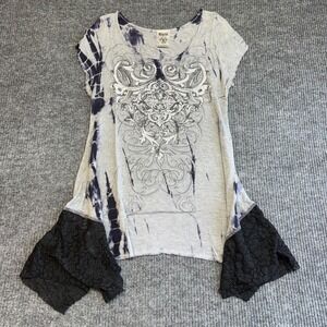 Vocal Y2K‎ Tie Dye Crystal Studded Shirt Women's Medium Lace Hem Western Graphic